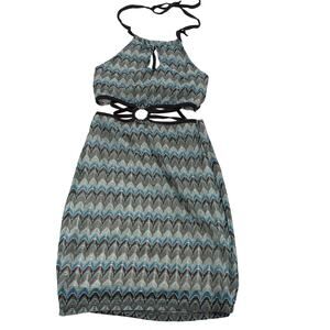 Rue21 Women’s Medium NWT Zig Zag Knit Halter Cutout Mini Dress Blue Brown White